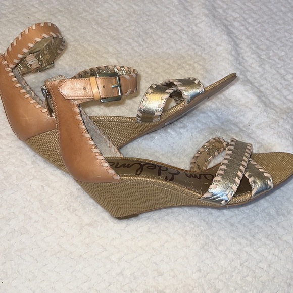 Sam Edelman Silvia Gold Beige Leather Zipper Back Wedge Sandals Ankle Strap Sz 9 - Picture 5 of 12